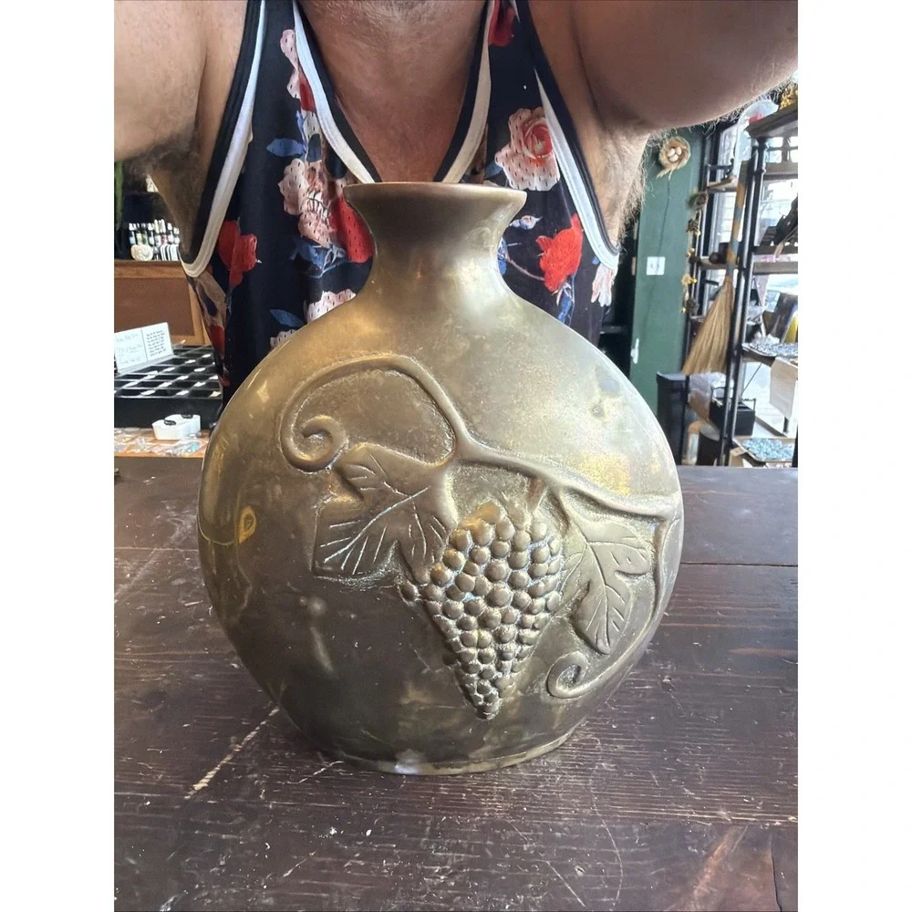 Vintage Solid Brass Hand Crafted Korean Jug Urn Vase Embossed Grapes